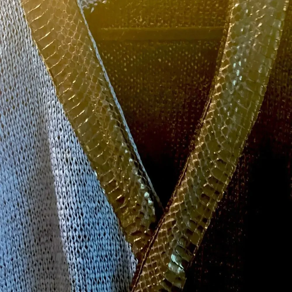Surplice v- neck sweater hand knit blue snake skin trim 3/4 length sleeves